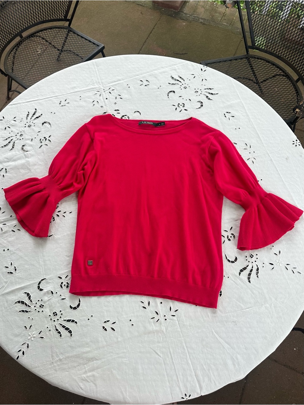 Ralph Lauren Women’s Scoop Neck Sweater in Fuschia with Ruffle Sleeves